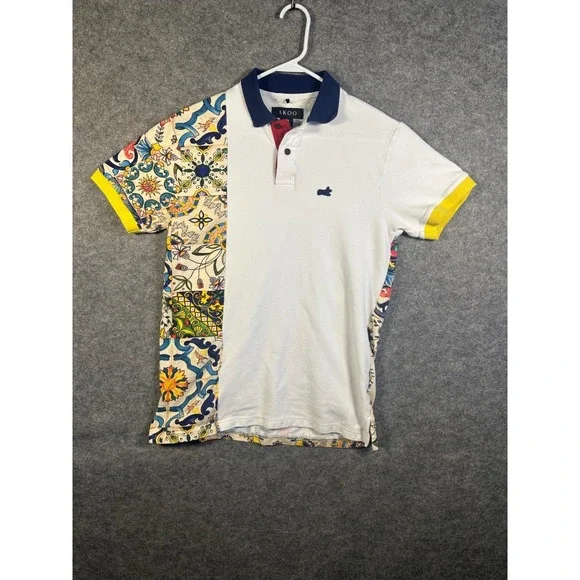 AKOO Mens White Tile Print Split Design Short Sleeve Polo Shirt Medium - Picture 1 of 9